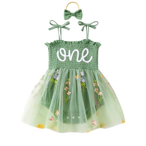 DLLYING 1st First Birthday Outfit Girl Baby Summer Sleeveless Smocked Fairy Berry Sweet 1 One Year Old Onesie Bodysuit Romper Tulle Dress + Headband Cake Smash Photo Shoot Clothes Green 1 Year