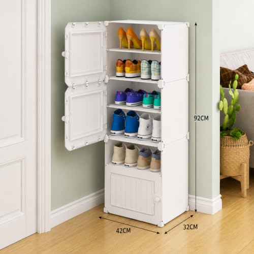 Image of Plastic Shoe Rack for Home with Door | 6-Shelf DIY Shoe Cabinet Organiser | Stores 12 Pairs | Foldable & Waterproof Shoe Stand for Entryway, Bedroom (White, 6-Layer)