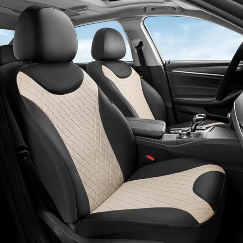 Image of Coverado Front Seat Covers, 2 Seats Universal Seat Covers for Cars, Leather & Fabric Splicing Design Car Seat Protectors, Waterproof Car Seat Cushions Universal Fit for Vehicles, Black & Beige