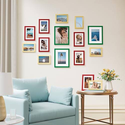 Image of Vittanly 15 Pack Picture Frames Collage Wall Decor, Multi Sizes Including 3pcs 8x10, 6pcs 5x7 and 6pcs 4x6 Photo Frames, Gallery Frame Set for Wall or Tabletop Display, Green, Red and Gold
