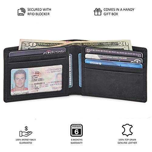 Image of Real Leather Mens Bifold Wallet RFID Blocking Slim Minimalist Front Pocket - Thin & Stylish with ID Window in Gift Box, Crazy Horse Black, 4 inchx3.25 inchx0.75 inch, Minimalist