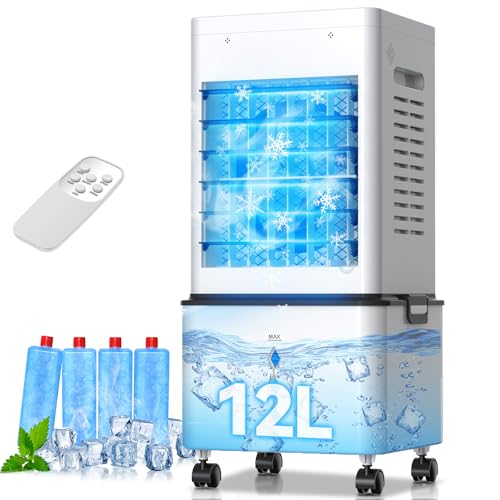 Aire Acondicionado Portátil 12L, 3 en 1 Climatizador Evaporativo Ventilador Humidificador, 6 Velocidades, 24H Temporizador, Enfriador Móvil Aire Acondicionado Sin Unidad Exterior para Hogar Oficina