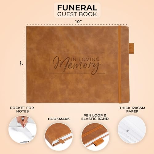 Image of Clever Fox Funeral Guest Book for Memorial Service w /Address, Brown | 10x7 in, 120 pages, Eco leather hardcover, Personalized celebration of life guestbook, Memory book & condolence register