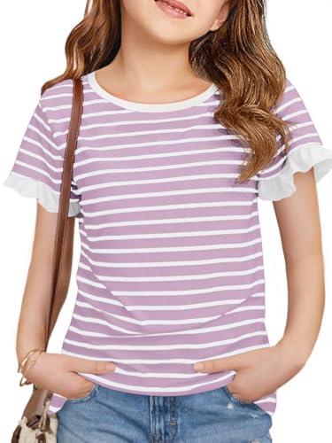 Opiniones y reviews de Camisetas y tops para Niña favoritos de las personas. 45 Haloumoning - Camisetas de manga corta con volantes a rayas para niñas, camisetas casuales de verano con cuello redondo, de 5 a 14 años, Púrpura, 11-12 Años