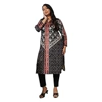 AMYDUS Plus Size Women's Black Printed Velvet Kurta | Relaxed Straight Fit | V-Neck | Ethnic Wear for Women - XL to 9XL 1127-583P-2