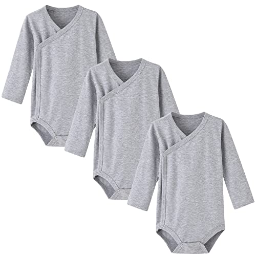 BINIDUCKLING 3 Pack Baby Long Sleeve Side Snap Bodysuit, 100% Cotton Baby Grows - Solid Baby Onesies for Boys Girls 9-12 Months, Dark Grey