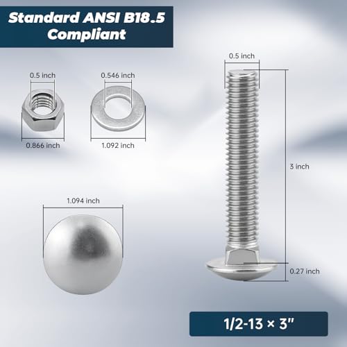 Image of 1 /2-13 x 3 Inch Carriage Bolt Kit, 304 Stainless Steel (18-8) with Hex Nuts & Flat Washers - 4 Sets, Round Head Square Neck, Full Thread Coverage by Glvaner