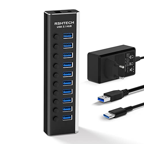 Hub Usb 3.1 RSHTECH Hub USB Activo 3.0 con Fuente de alimentación de 10Gbps 10 Puertos de Aluminio USB 3.1 Hub con 2 Cables(Tipo C y...