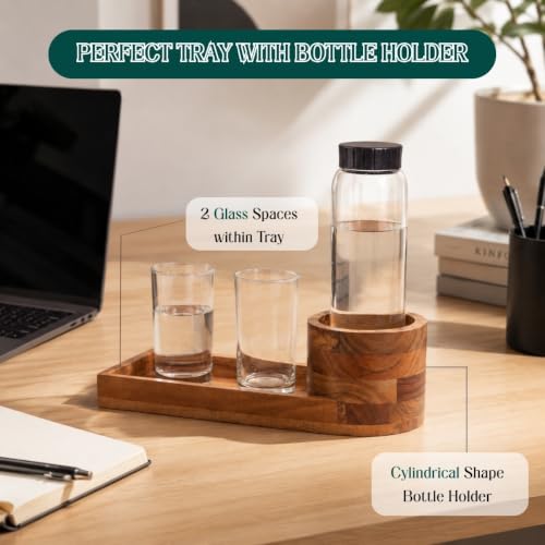 Image of Thirstray Acacia Wood Water Bottle Holder Tray | Brown Bedside Bottle & Glass Organizer | Handcrafted Wooden Drink Holder | 14 x 5 x 4 Inches | for Bedroom, Guest Room, Hotel & Office