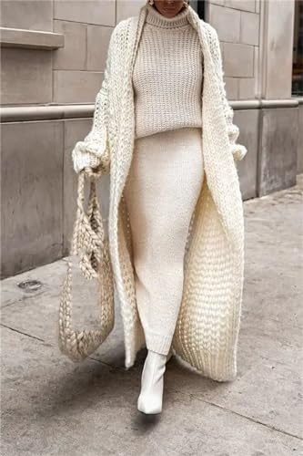Women's Loose Knit Cardigan Fall and Winter White Long Sweater Coat2