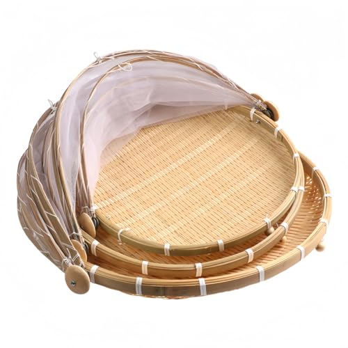 GEGEBOMTXO シェルフバスケット 竹ざる 青竹もり皿 梅干しザル 籐ざる 丸盆ざる 水切りザル 干し野菜バスケット ネット付き 円形 可動式フタ 収納 保存 防塵 害虫制御 通気 乾燥 陰干し 天然 素朴 手織り 耐久性 美観 実用 使いやすい 梅