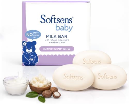 Softsens Baby Milk Bar Soap 100g each x 3 (300g) | Gentle Cleansing & Moisturizing | With Natural Milk Cream & Shea Butter | Dermatologically Tested, Hypoallergenic & Free from Parabens, SLS & SLES