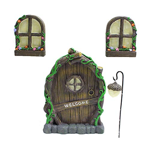 Miniature Fairy Tree Door with Two Glow Windows Waterproof Door and Windows Tree Statues Mystical Garden Glow Sculptures for Yard Lawn Art Decoration