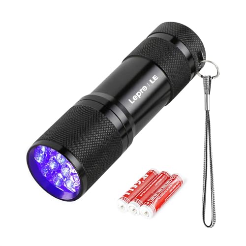 Lepro Linterna Ultravioleta 9 LED, 395nm Linterna UV con Luz Negra, Flashlight para Detectar Manchas de Orina y de Mascota, Billetes, 3*AAA Pilas Incluidas
