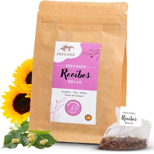 Rooibos Infusión Relajante para Dormir y Reducir Ansiedad 15 Pirámides | Mezcla Natural de Sabor Suave y Aromático con Melisa, Tila y Girasol, Té sin Teína ni Cafeína para Relajación y Dulces Sueños