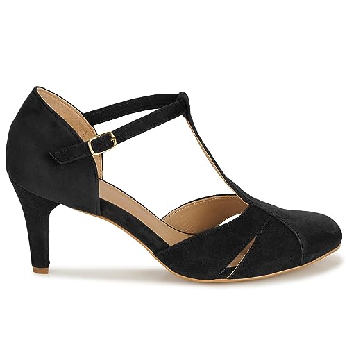 MOOMMO Women Kitten Heel Mary Jane Pumps Shoes Ankle T-Strap Round Closed Toe Cut Out Dress Sandals Mid Chunky Heels Suede Pumps Office Work Shoes Buckle Patchwork Wedding Party Vintage 4-11 M US2