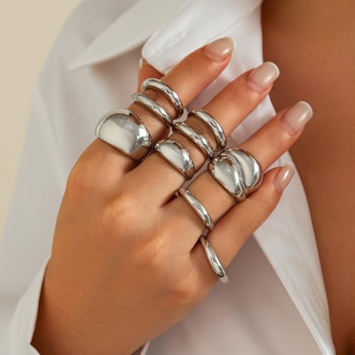 Rings for Women Chunky Rings Set Adjustable Thick Dome Statement Ring Wide Thin Stacking Ring for Women Chunky Jewelry4