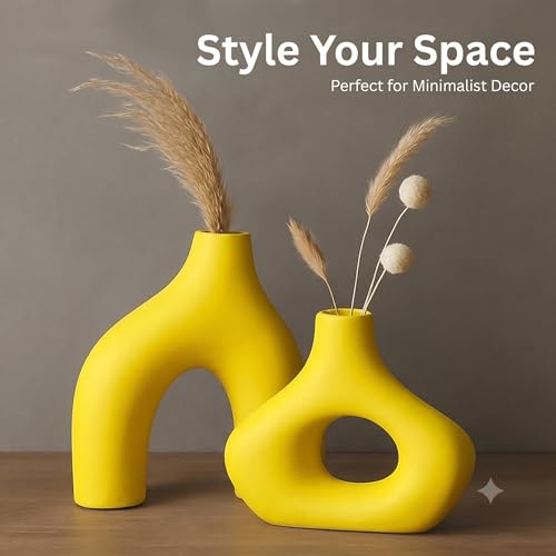 Image of PUREZENTO Abstract Yellow Ceramic Donut Vase 5.4 & 7.7 Inch - Set of 2 | Decorative Unique Modern Vase for Dried Flowers & Pampas Grass | Vases for Modern Home Decor, Living Room, Office Decor Ideas