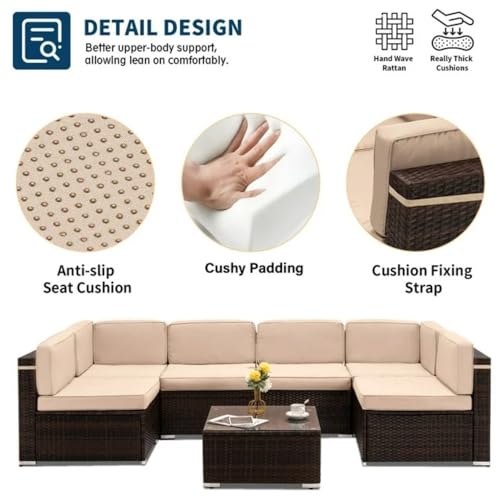 Image of 6 Seater Sofa Patio Furniture Sets, Modular Rattan Outdoor Patio Sectional Furniture Sofa Set, Wicker Patio Conversation Set for Backyard, Deck, Poolside Table with Glass Coffee Table, (Beige)