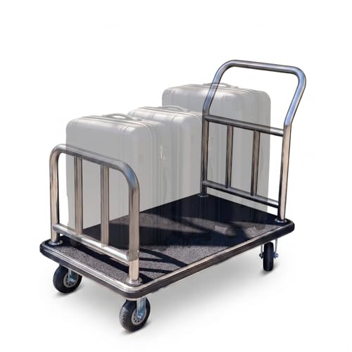 Hotel Luggage Cart - Heavy Duty Bellman Trolley with Bumper Guard, Stainless Steel Hotel Trolley with Black Carpet & 6' Rubber Silent Wheels for Resorts (42' L x 26' W x 38' H)