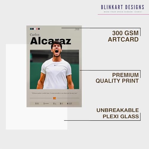 Image of BLINKART Carlos Alcaraz | Tennis Player | Synthetic Wood Photo Framed Wall Hanging Poster Room & Office Bedroom Home Wall | 12x18 Inches
