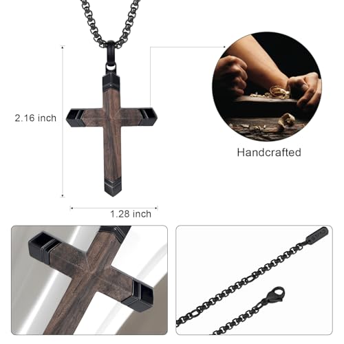 Cross Necklace for Men -Stainless Steel & Wood Adjustable Box Chain 24-26in, Spiritual Jewelry Gift for Him, Everyday Wear4