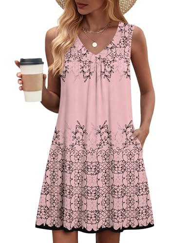 Image of Zeagoo Summer Dresses for Women 2026 Sleeveless Dress V Neck Tank Dress Pleated Floral Tshirt Sundresses with Pockets