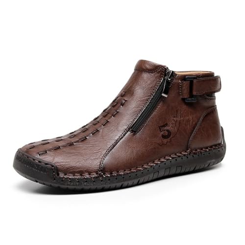 Genérico Botas cortas para hombre, piel marrón, talla grande, costura, cierre de cremallera, Slip on Plante, zapatos de deporte al aire libre, casual para uso diario, café, 40 EU