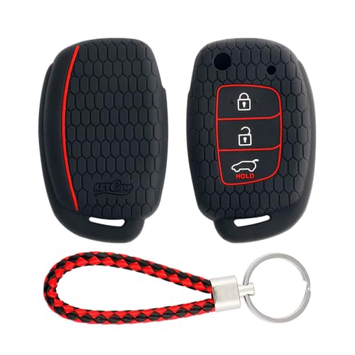 Image of keyzone Keycare Compatible Silicone Key Cover for Venue, Aura, Elite i20, Active i20, Xcent 3 Button flip Key with KC Mini RB Keyring (KC10 Black with KC Mini RB Keyring)