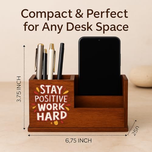 Image of Handcrafted Wooden Pen Holder & Mobile Stand | Premium Desk Organizer for Office, Home & Study Table | Pen Pencil Stand with Card Holder | 6.75 x 3.75 x 2.5 Inch (Stay Positive Desk)