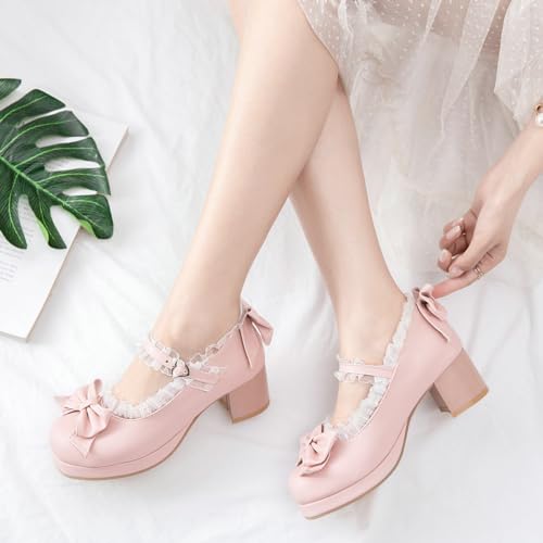 DINTAHA Cute Kawaii Shoes,Platform Mary Janes Chunky,Bow Heels for Women4