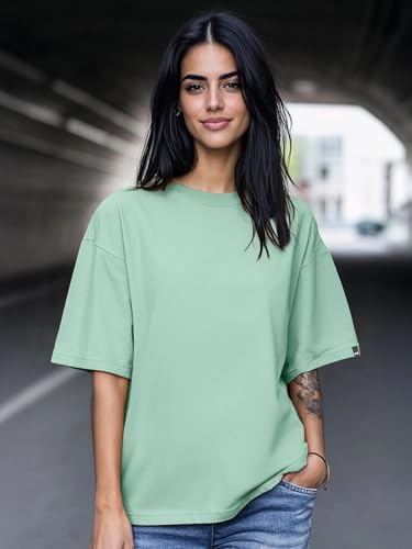 Image of Bewakoof Women's Solid Oversized Fit Half Sleeve Round Neck Cotton Jersey T-Shirt
