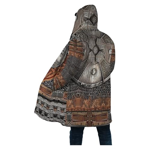 Men's Winter Warm Robe, Viking Warrior Armor Valhalla 3D Full Print, Cashmere Hooded Coat Parka, Horn Buckle Bathrobe2