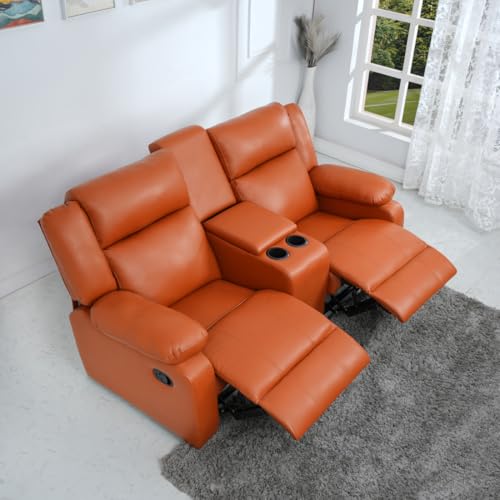 Image of Solis Royale Leatherette Manual 2 Seater Recliner Sofa Chair | Center Console and Cup Holder | Comfortable Lounge Sofa Chair for Living Room, Bedroom, Office, Home (SNUGHEAVEN-TAN)