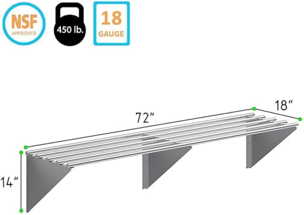 Premium Quality Stainless Steel Tubular Wall Shelf | Appliance & Equipment Metal Shelving | Kitchen, Restaurant, Garage, Laundry, Utility Room | NSF Certified | (72 Long x 18 Deep)