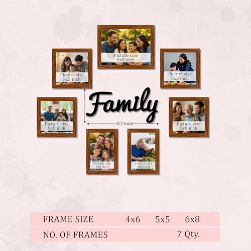 Image of Family Photo Frame Set of 7 for Wall Decor, Wooden Finish Collage Picture Frames for Living Room, Bedroom, Multi-Size Wall Hanging Gallery Frame Set, (4 Sets 4x6, 2 Set 6x4, 1 Set 6x8 Inch)