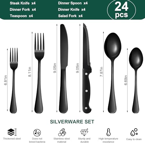 Image of 24-Piece Black Silverware Set with Steak Knives Black Stainless Steel Flatware Set for 4 Food Grade Tableware Cutlery Set Rust-proof, Mirror Polished, Dishwasher Safe