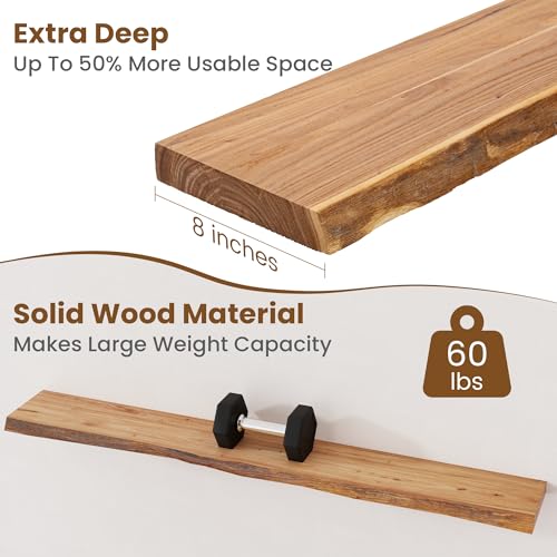 Image of Floating Shelves for Wall Decor, Rustic Solid Elm Wood Live Edge Floating Shelves Wall Mounted, Wall Shelves with Invisible Bracket for Living Room Bathroom Bedroom Kitchen, 55 Inch, Natural