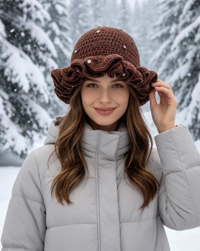 Image of Women Crochet Bucket Hat Cute Winter Ruffled Brim Floppy Cap Handmade Knit Cloche Hats