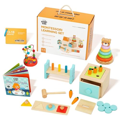 6-in-1 Montessori Learning Toys for 13-18 Months - Toddler Developmental Activity Set with Bear Tower, Pound Bench, Beads Coaster & More Educational Wooden Toys