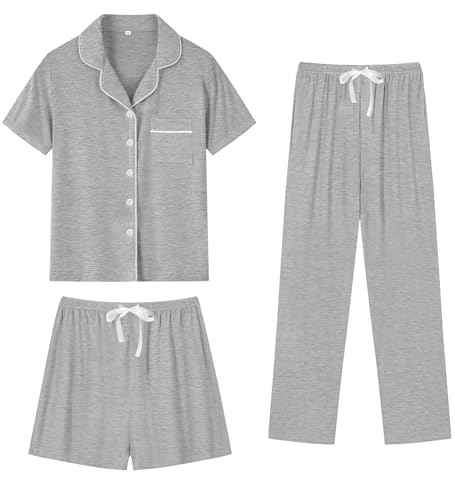 Image of SWOMOG Womens 3pcs Button Down Pajamas Set Short Sleeve Sleepwear Bride Pj Lounge Set with Long Pants