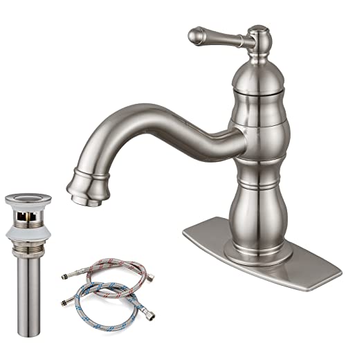 gotonovo Brushed Nickel Bathroom Sink Faucet 6 Inch Long Reach Spout Single Handle Lavatory Vanity One Hole Mixer Deck Mount Tap with Pop Up Drain Lavatory Commercial Lead-Free Long Reach
