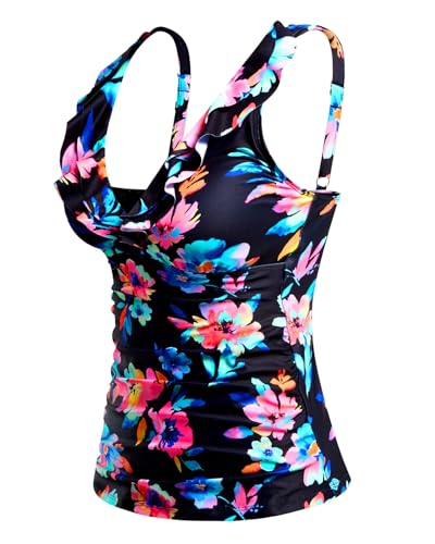 Image of Ruffle V Neck Tankini Top Only Women Tummy Control Swimsuit Tank Top | Removable cups for custom bust lift, Blend soft spandex to stretch easily