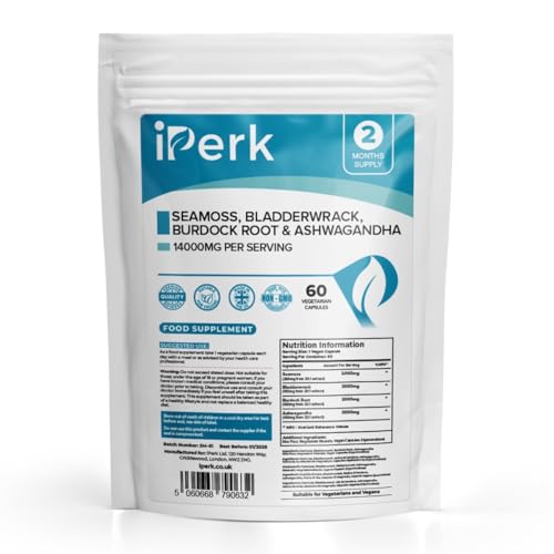 iPerk Sea Moss Complex: Bladderwrack Burdock & Ashwagandha - 14 000mg High Potency Formula - 60 Vegan Capsules - UK Manufactured