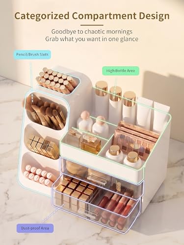 Image of Booklov Makeup Organizer for Vanity, Large Capacity Cosmetic Display Case with Clear Acrylic Drawer, Countertop Beauty Storage Holder for Skincare, Brush Eyeshadow Lipstick Counter Desk, Crystal White