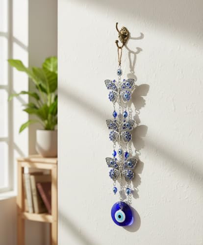 Image of BLUE BEADS Turkish Feng Shui Vastu Blue Glass Evil Eye Hanging /Door Hanging Nazar Batu for Protection and Good Luck - Perfect for Gifting Home or Office (3 Layer BFLY)