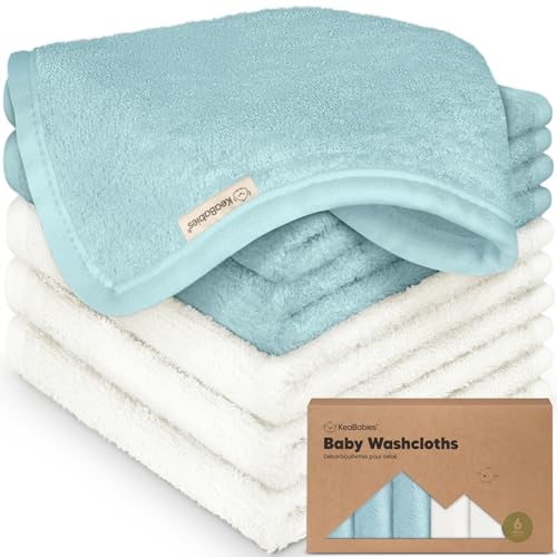 Image of 6-Pack Baby Washcloths - Soft Absorbent Viscose from Bamboo Wash Cloths for Babies, Kids, Toddlers, Infant, Newborn Bath Towels, Gentle on Sensitive Skin, 10x10 Reusable Face Towels (White/Sky)