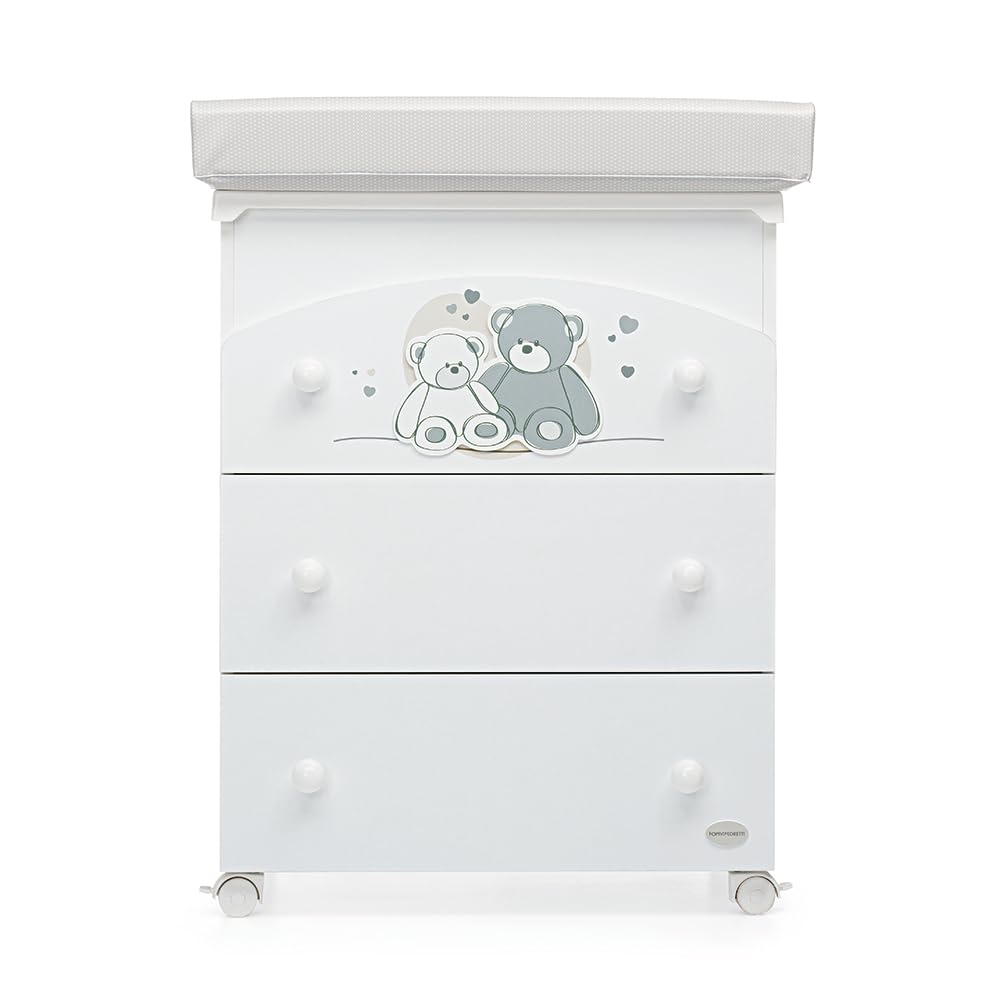 Foppapedretti Bagnetto Fasciatoio Mascotte, Made in Italy, Legno, 3 cassetti, piano fasciatoio ribaltabile. chiusura ammortizzata, vaschetta anatomica estraibile, 4 ruote di cui 2 con freno, Bianco