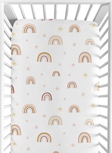 Image of Sweet Jojo Designs Boho Rainbow Girl Fitted Crib Sheet Baby or Toddler Bed Nursery - Blush Pink Dusty Rose Gold Yellow Mauve Taupe Beige Tan Bohemian Stars Sun Celestial Vintage Sky