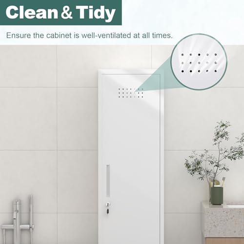 Image of Slim Broom Storage Cabinets, Metal Cabinet with Shelves and Hanging Rod, 15.75 inch W Utility Storage Cabinet with Locking Door, Slim Cabinet for Small Spaces, Kitchen, Pantry, Office, Shop
